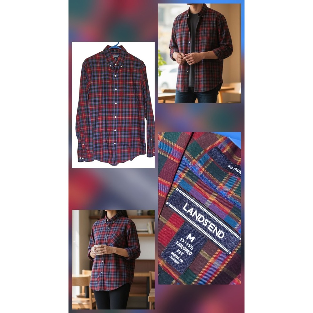 Lands' End Red‎ Gingham Flannel Shirt Men's size Med Classic Plaid Cotton Top